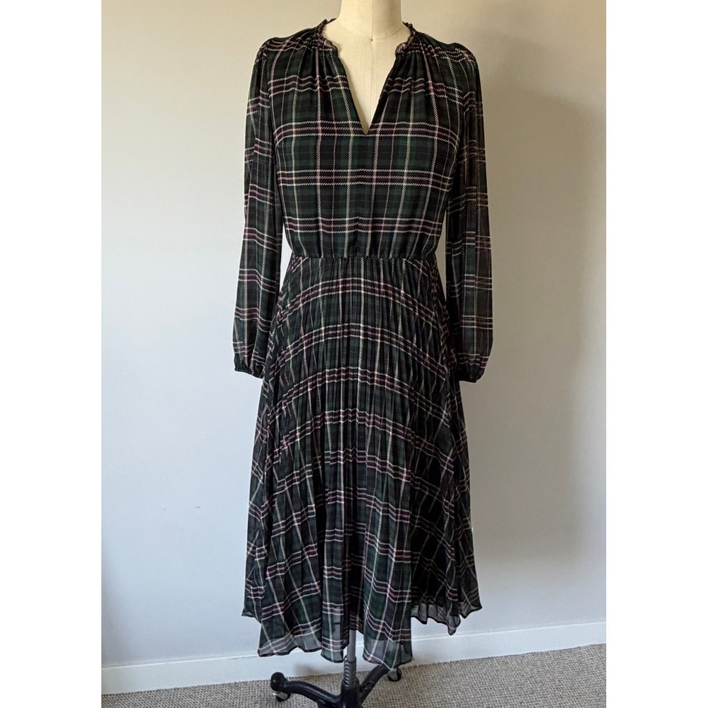 Ann Taylor Green Black Plaid Pleated Midi Dress V-Neck Lng Sleeve Sz‎ 0 Heritage